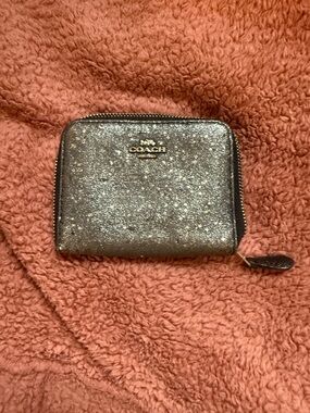 Coach Glitter Zip Around Card Case in Silver and Black